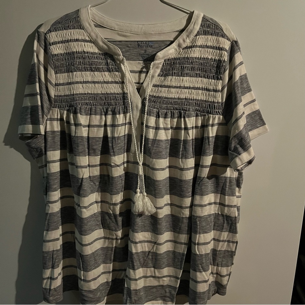 Croft & barrow Cream and Gray Striped Tassel Peasant Blouse